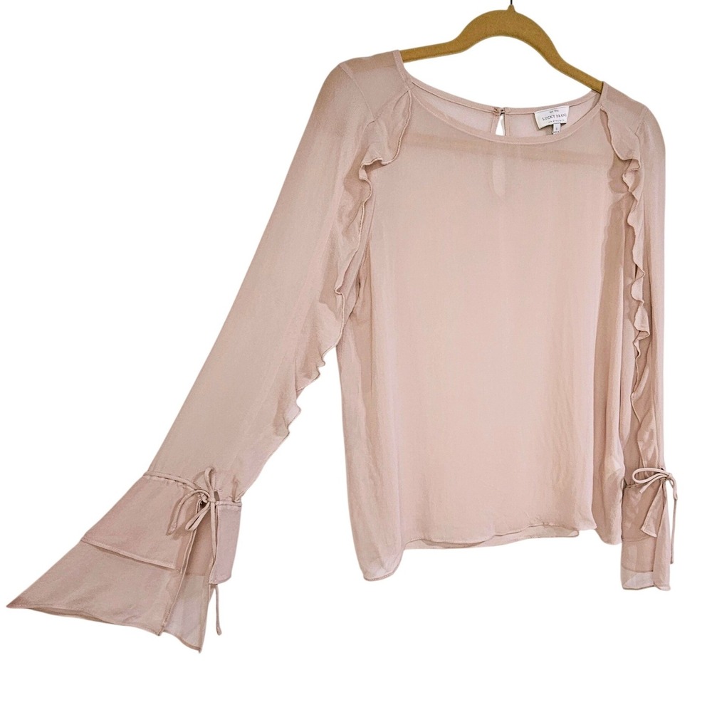 Lucky Brand Pink Ruffle Bell Sleeve Chiffon Top S  Romantic Fairycore Whimsigoth